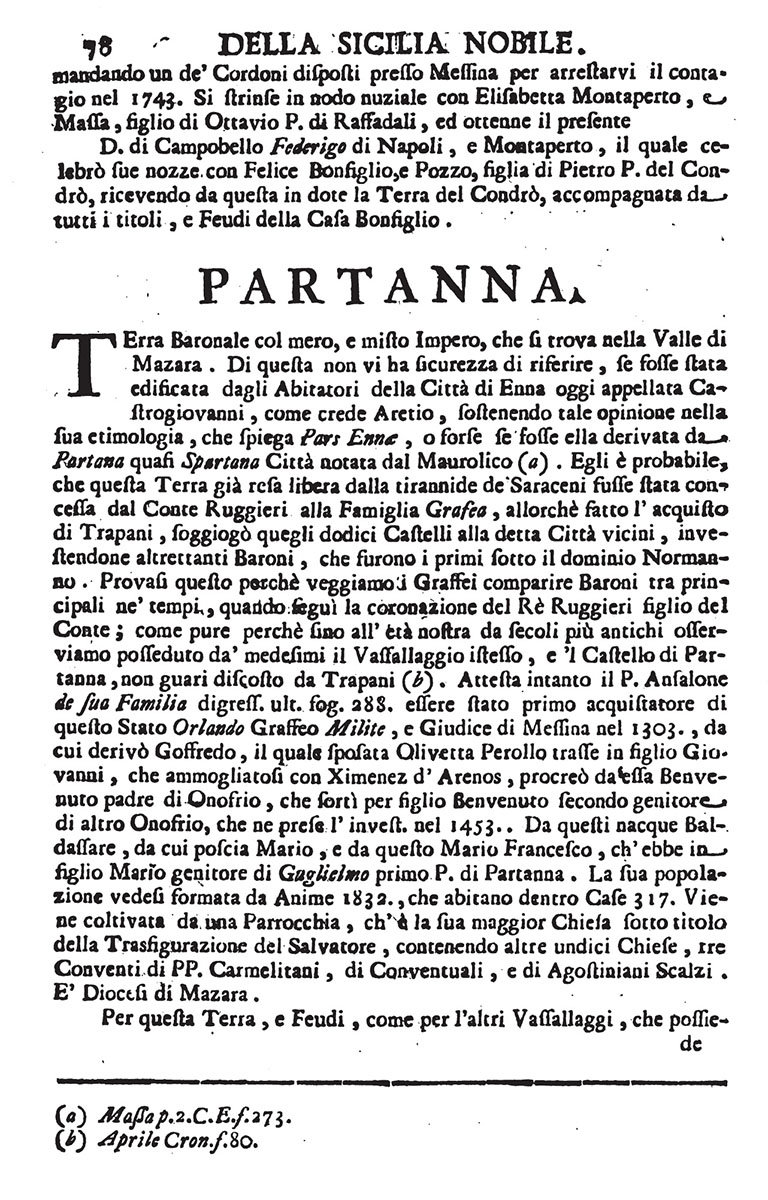 Partannain "Della Sicilia nobile" di Francesco Maria Emanuele e Gaetani, anno1754