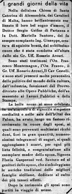 Articolo matrimonio Sergio Grifeo con Mariella Santoro